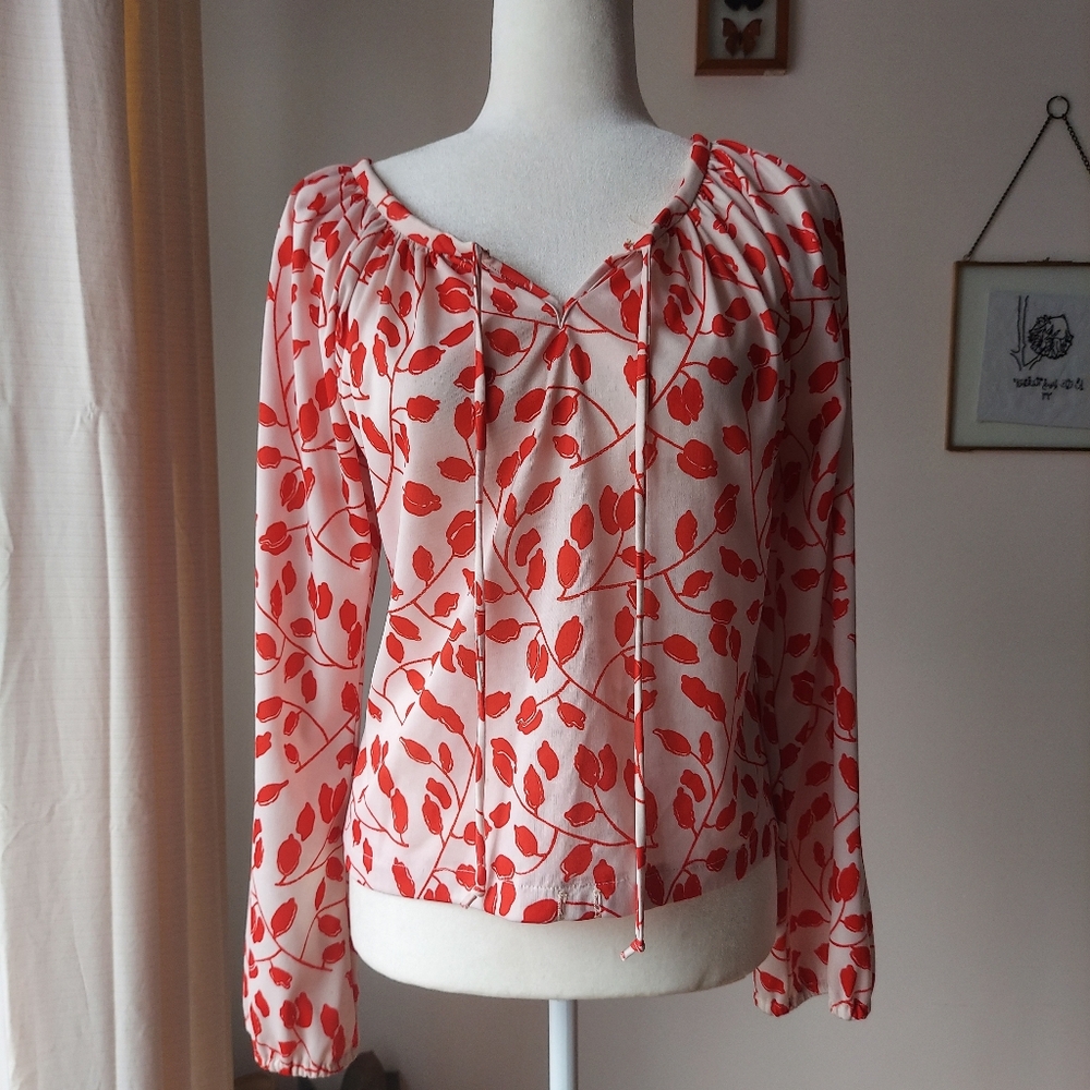 70s Red Floral Blouse Vintage Small